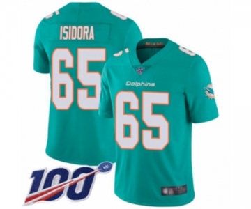 Youth Miami Dolphins #65 Danny Isidora Aqua Green Team Color Vapor Untouchable Limited Player 100th Season Football Jersey