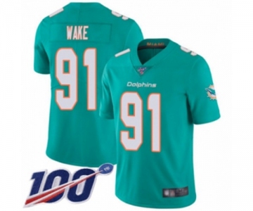 Youth Miami Dolphins #91 Cameron Wake Aqua Green Team Color Vapor Untouchable Limited Player 100th Season Football Jersey