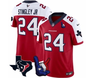 Men Houston Texans #24 Derek Stingley Jr Red White 2023 F U S E With Hand Sign Throwing Up The H Patch Vapor Untouchable Limited Stitched Football Jersey