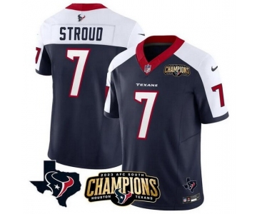 Men Houston Texans #7 C J Stroud Navy White 2023 F U S E AFC South Champions Patch And Team Logo Patch Vapor Untouchable Limited Stitched Football Jersey