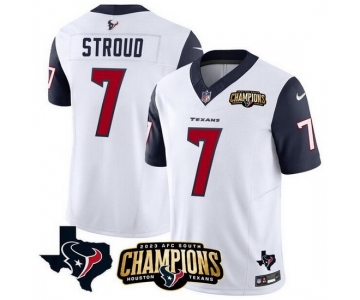 Men Houston Texans #7 C J Stroud White Navy 2023 F U S E AFC South Champions Patch And Team Logo Patch Vapor Untouchable Limited Stitched Football JerseyS