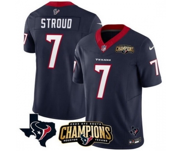 Men Houston Texans #7  C J Stroud White Navy 2023 F U S E AFC South Champions Patch And Team Logo Patch Vapor Untouchable Limited Stitched Football Jersey