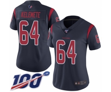 Women's Houston Texans #64 Senio Kelemete Limited Navy Blue Rush Vapor Untouchable 100th Season Football Jersey