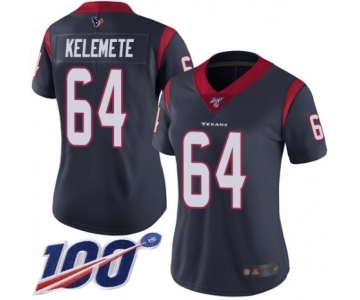 Women's Houston Texans #64 Senio Kelemete Navy Blue Team Color Vapor Untouchable Limited Player 100th Season Football Jersey