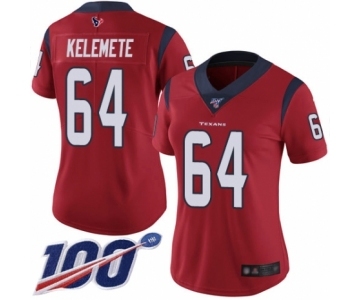 Women's Houston Texans #64 Senio Kelemete Red Alternate Vapor Untouchable Limited Player 100th Season Football Jersey