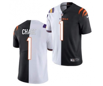 Men's Cincinnati Bengals #1 Ja'Marr Chase 2021 Black White Split Stitched Football Jersey