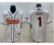 Men's Cincinnati Bengals #1 JaMarr Chase White With Patch Cool Base Stitched Baseball Jersey