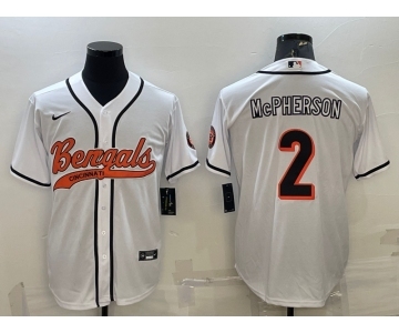 Men's Cincinnati Bengals #2 Evan McPherson White With Patch Cool Base Stitched Baseball Jersey