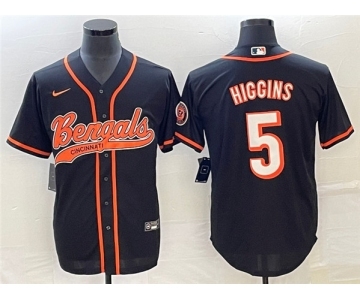 Men's Cincinnati Bengals #5 Tee Higgins Black With Patch Cool Base Stitched Baseball Jersey