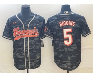 Men's Cincinnati Bengals #5 Tee Higgins Gray Camo With Patch Cool Base Stitched Baseball Jersey