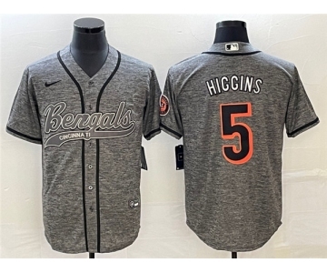 Men's Cincinnati Bengals #5 Tee Higgins Gray With Patch Cool Base Stitched Baseball Jersey