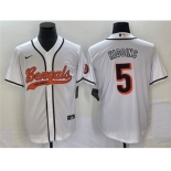 Men's Cincinnati Bengals #5 Tee Higgins White With Patch Cool Base Stitched Baseball Jersey