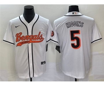 Men's Cincinnati Bengals #5 Tee Higgins White With Patch Cool Base Stitched Baseball Jersey