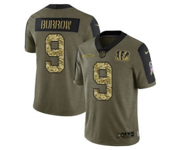 Men's Cincinnati Bengals #9 Joe Burrow 2021 Olive Camo Salute To Service Limited Stitched Football Jersey