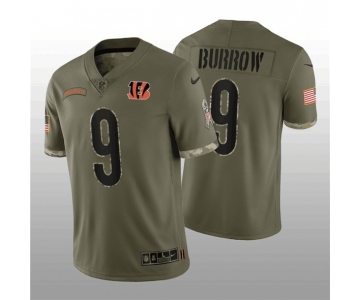 Men's Cincinnati Bengals #9 Joe Burrow 2022 Olive Salute To Service Limited Stitched Jersey