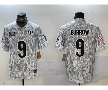 Men's Cincinnati Bengals #9 Joe Burrow 2024 Arctic Camo Salute To Service Limited Stitched Football Jersey