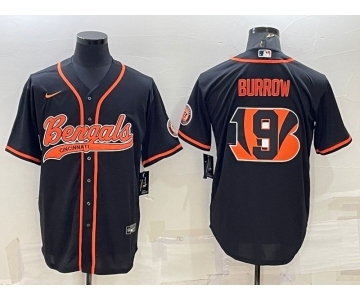 Men's Cincinnati Bengals #9 Joe Burrow Black Team Big Logo With Patch Cool Base Stitched Baseball Jersey