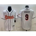 Men's Cincinnati Bengals #9 Joe Burrow White With Patch Cool Base Stitched Baseball Jersey