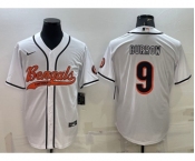 Men's Cincinnati Bengals #9 Joe Burrow White With Patch Cool Base Stitched Baseball Jersey