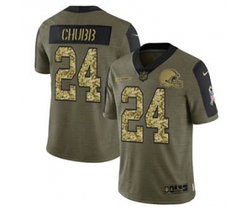 Men's Cleveland Browns #24 Nick Chubb 2021 Olive Camo Salute To Service Limited Stitched Football Jersey