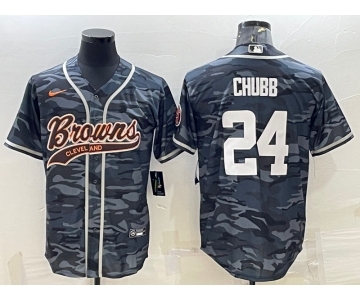 Men's Cleveland Browns #24 Nick Chubb Grey Camo With Patch Cool Base Stitched Baseball Jersey