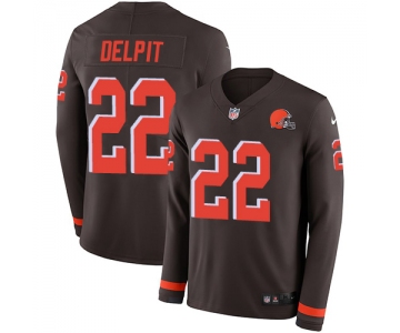 Nike Browns #22 Grant Delpit Brown Team Color Men's Stitched NFL Limited Therma Long Sleeve Jersey