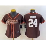 Women's Cleveland Browns #24 Nick Chubb Brown With Patch Cool Base Stitched Baseball Jersey