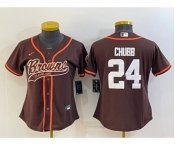 Women's Cleveland Browns #24 Nick Chubb Brown With Patch Cool Base Stitched Baseball Jersey