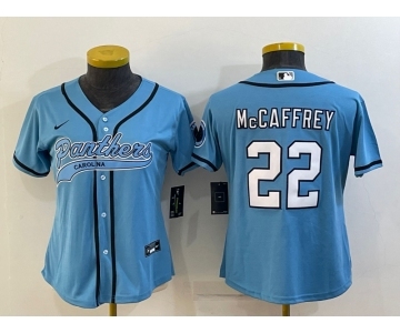 Women's Carolina Panthers #22 Christian McCaffrey Blue With Patch Cool Base Stitched Baseball Jersey