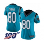 Women's Carolina Panthers #80 Ian Thomas Limited Blue Rush Vapor Untouchable 100th Season Football Jersey