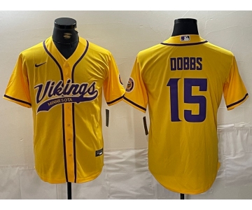 Men's Minnesota Vikings #15 Josh Dobbs Yellow With Patch Cool Base Stitched Baseball Jersey