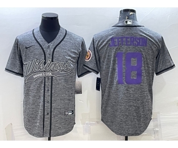 Men's Minnesota Vikings #18 Justin Jefferson Grey Gridiron With Patch Cool Base Stitched Baseball Jersey