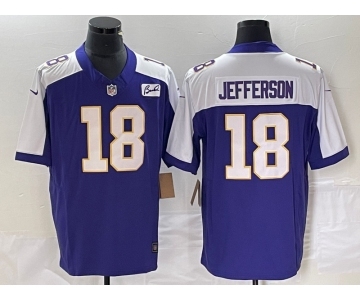 Men's Minnesota Vikings #18 Justin Jefferson Purple 2023 FUSE Bud Grant Patch Limited Stitched Jersey