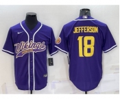 Men's Minnesota Vikings #18 Justin Jefferson Purple Yellow With Patch Cool Base Stitched Baseball Jersey