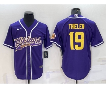 Men's Minnesota Vikings #19 Adam Thielen Purple Yellow With Patch Cool Base Stitched Baseball Jersey