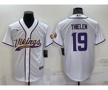 Men's Minnesota Vikings #19 Adam Thielen White With Patch Cool Base Stitched Baseball Jersey