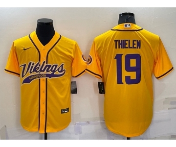 Men's Minnesota Vikings #19 Adam Thielen Yellow With Patch Cool Base Stitched Baseball Jersey