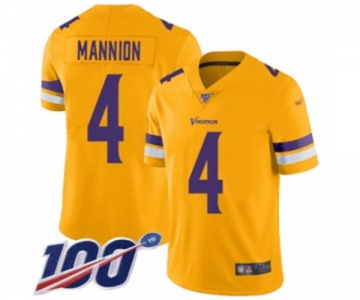 Men's Minnesota Vikings #4 Sean Mannion Limited Gold Inverted Legend 100th Season Football Jersey