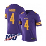 Men's Minnesota Vikings #4 Sean Mannion Limited Purple Rush Vapor Untouchable 100th Season Football Jersey