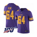 Men's Minnesota Vikings #64 Josh Kline Limited Purple Rush Vapor Untouchable 100th Season Football Jersey