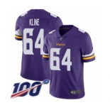 Men's Minnesota Vikings #64 Josh Kline Purple Team Color Vapor Untouchable Limited Player 100th Season Football Jersey