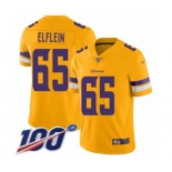 Men's Minnesota Vikings #65 Pat Elflein Limited Gold Inverted Legend 100th Season Football Jersey