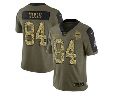 Men's Minnesota Vikings #84 Randy Moss 2021 Olive Camo Salute To Service Limited Stitched Football Jersey