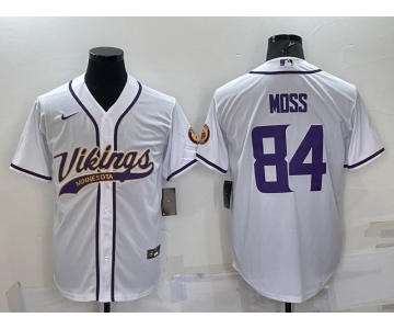 Men's Minnesota Vikings #84 Randy Moss White With Patch Cool Base Stitched Baseball Jersey