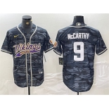 Men's Minnesota Vikings #9 J.J. McCarthy Gray Camo Cool Base Stitched Baseball Jersey