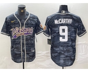 Men's Minnesota Vikings #9 J.J. McCarthy Gray Camo Cool Base Stitched Baseball Jersey