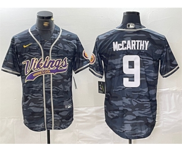 Men's Minnesota Vikings #9 J.J. McCarthy Gray Camo Cool Base Stitched Baseball Jersey