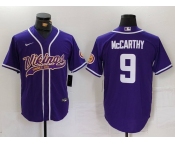 Men's Minnesota Vikings #9 JJ McCarthy Purple Cool Base Stitched Baseball Jersey