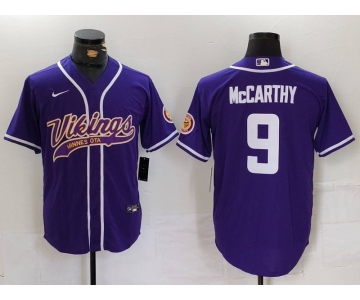 Men's Minnesota Vikings #9 JJ McCarthy Purple Cool Base Stitched Baseball Jersey