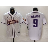 Men's Minnesota Vikings #9 JJ McCarthy White Cool Base Stitched Baseball Jersey